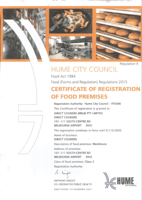 Certificate of Registration of Food Premises Direct Couriers